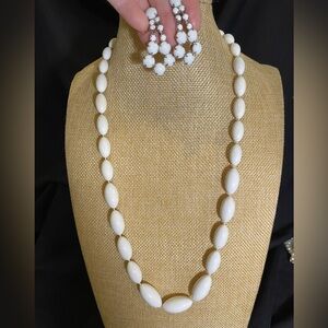 Vintage Pumpkin Seed Bead Necklace & Milk Glass Dangle Earrings. 1950’s-1960’s.